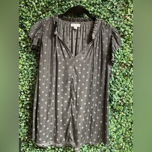 Anthropologie Current Air - Grey Polka Dot Ruffle Short Sleeve Blouse - Small